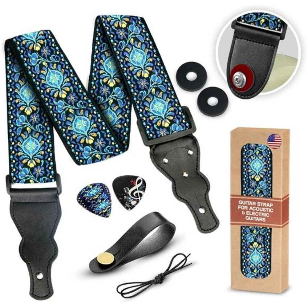 Embroidered guitar strap adjustable with strap locks picks pick pocket set